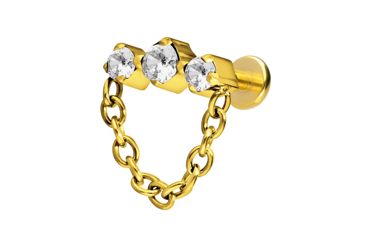 Titan Labret Piercing mit Push Fit 3 EINGEFASSTE KRISTALLE + KETTE